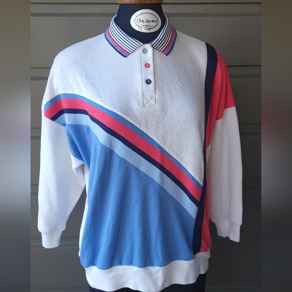 Vintage No Brand 3/4 Sleeve Colorful Polo Shirt Size Large Polyester & Cotton
